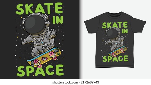 Skater astronaut in space, cartoon illustration