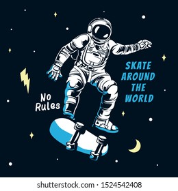 Skater astronaut in  space, vector illustration.Skate around the world.