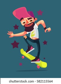 Skater boy character riding skateboard. Vector flat cartoon illustration