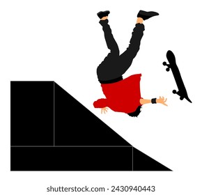 Skater boy falls on the ramp vector illustration isolated on white background. Injured athletes accident broken bones. Extreme sportsman in skate park jump trick. Skateboarder man urban action.