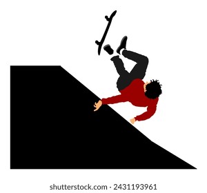 El niño patinador cae en la ilustración vectorial de la rampa aislada sobre fondo blanco. Atletas heridos accidente huesos rotos. Deportista extremo en skate park truco de salto. Skateboarder hombre de acción urbana.