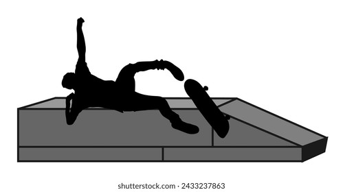 Skater boy falls on the ramp vector silhouette illustration isolated on white. Injured athletes accident broken bones. Extreme sportsman in skate park jump trick. Skateboarder man urban action.