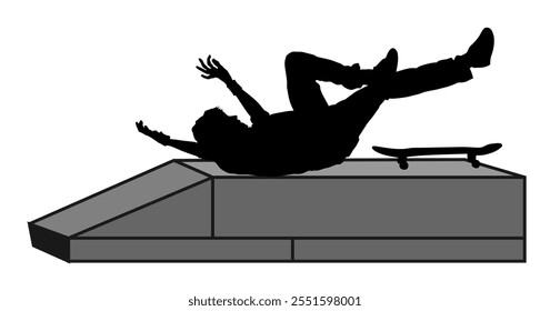 Skater boy falls on the ramp vector silhouette illustration isolated on white. Injured athletes accident broken bones. Extreme sportsman in skate park jump trick. Skateboarder man urban action.