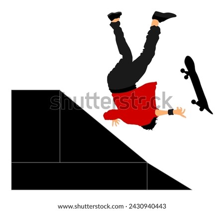 Skater boy falls on the ramp vector illustration isolated on white background. Injured athletes accident broken bones. Extreme sportsman in skate park jump trick. Skateboarder man urban action.