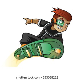 Skater Boy Flying High on Green Hoverboard Moving Fast Cartoon Vector
