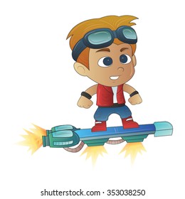 Skater Boy - Futuristic Hoverboard Cool Guy With Glasses Cartoon Vector