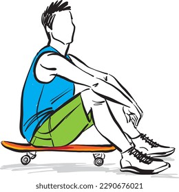 skater boy guy man sitting rersting on skateboard sports recreation vector illustration