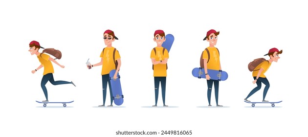 Skater boy or guy with skateboard in different poses and various scenarios. Skateboarder on isolated white background. Vector cartoon flat character illustration