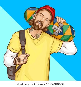 Skater boy, hipster holding skateboard, smiling tattooed guy with beard wearing fashioned clothing and shoulder bag on blue background in pop art retro comic book style. Cartoon vector Illustration