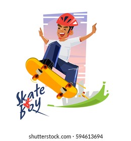 skater boy with his skateboard. character design with logotype - vector illustration