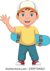 patinador menino segurando skate e acenando mão