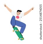 Skater boy jumping with a skateboard. Cool young man performing tricks with longboard. Hand drawn isolated vector illustration
