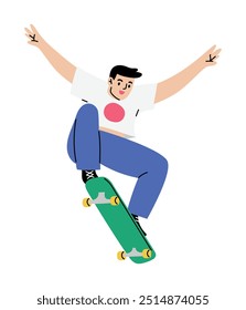 Garoto patinador pulando com um skate. Jovem legal fazendo truques com longboard. Ilustração isolada de vetor desenhada à mão