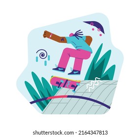 Skater boy making trick on special court flat style, vector illustration isolated on white background. Male character jumping on skateboard, urban lifestyle