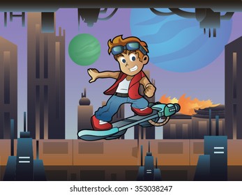 Skater Boy on Hoverboard In Futuristic City with Buildings and Green Blue Moon Cartoon Vector