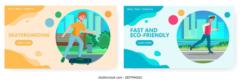Skater boy in a park on skateboard and rollers. Skate sport and urban lifestyle vector concept illustration. Man on a skate. Web site design template