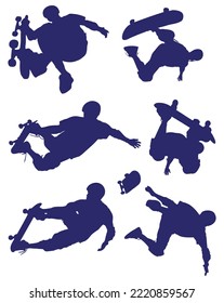 skater boy poses or boy with skateboard, background design in blue color vector illustration