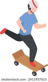 Un niño que va en la calle: Concepto isométrico, Skateboarding Vector Diseño Icono, Soportes de tiempo de repuesto Símbolo, Deportes Adicionales Signos, Pasatiempos Personales Ilustración