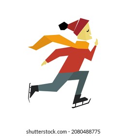 Skater boy skating on the ice, skating, winter vacation or holiday. Boy skating colored flat icon. Comic cartoon style illustration vector retro. Used for: logo, app, design, web, dev, ui, ux. EPS 10.
