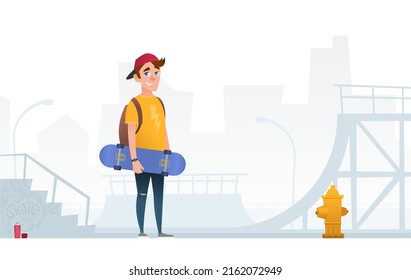 Skater boy standing in front of skate park. Vector cartoon flat character illustration