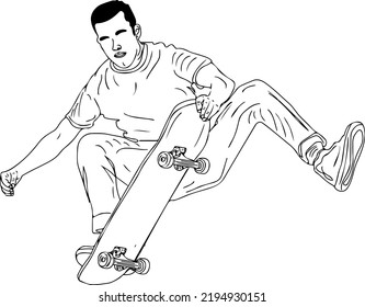 Skater Boy Vector, Skateboarding Games Sketch Drawing, Skateboard Sport Cartoon, Doodle, Silhouette, Skating Man Clip Art