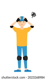 Skater boy worrying with his head in his hands