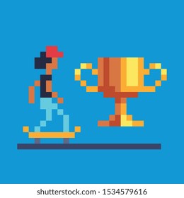 Skater character, skate board champion, golden goblet, skateboarding ride, pixel art vector illustration, design for logo, sticker, mobile app. Game assets 8-bit sprite.