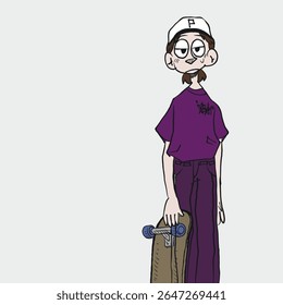 a skater child is holding his skate board, wearing a purple shirt and white hat