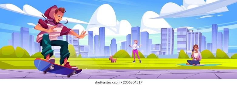 Skater in city park garden cartoon vector landscape. Outdoor nature scene with road and grass on cityscape with skyscraper scenery. Woman walking with dog on sunny day in New York town illustration