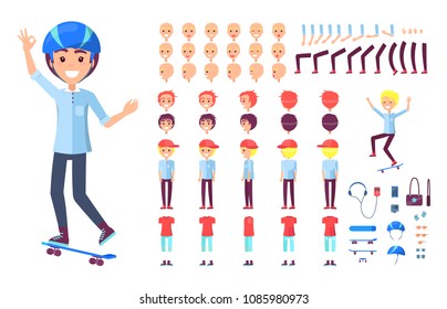 Skater constructor collection, builder of teenager with headphones and mp3, handbag and mobile phone, camera and body parts, set vector illustration