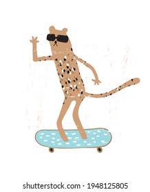 Skater. Cute Grunge Vector Illustration with Cool Skating Tiger. Wild Cat on a Blue Skateboard Isolated on a White Background. Infantile Style Print ideal for Card, Wall Art, Poster.