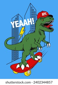 SKATER DINOSAUR WITH CAP IN THE CITY