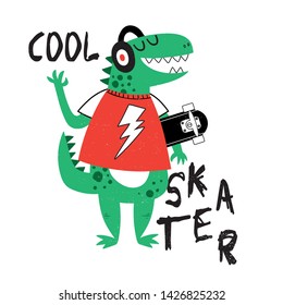 skater dinosaur illustration for tee print