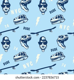 Skater dinosaur seamless pattern. Dinosaurs skeleton,skateboard vector print. Fun t-shirt design for kids.Cute Dinosaur character design.