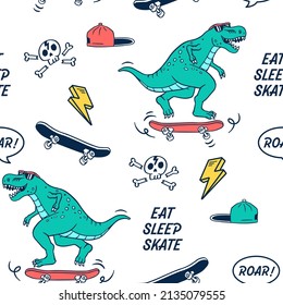 Skater Dinosaur seamless pattern. With hand-drawn Skateboarding doodle illustrations.