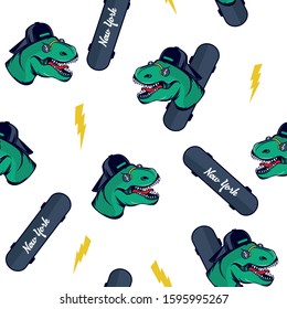 Skater dinosaur seamless pattern. Dinosaur and skateboard vector print.Fun t-shirt design for kids.Cute Dinosaur character design.