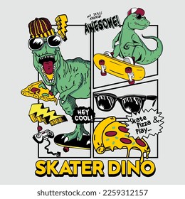 Skater Dinosaur skate vector illustration with cool slogans. For t-shirt prints and other uses.