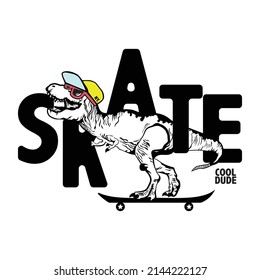 Skater dinosaur tyrex.New York skyline drawing. dinosaur tyrex,skateboard vector print. Fun t-shirt design for kids.Cute dinosaur tyrex character design