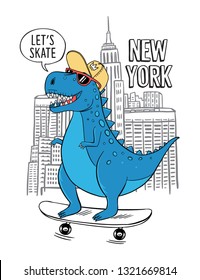 Skater Dinosaur vector illustration with cool slogans. For t-shirt prints and other uses.