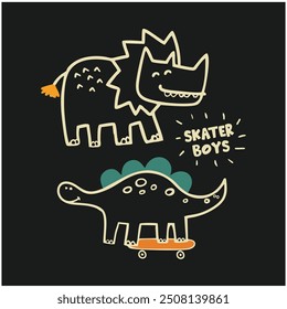 Skater Ilustración vectorial de dinosaurio con frases frescas. Para estampados de camisetas y otros