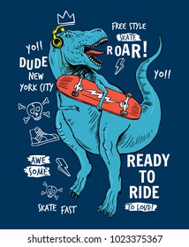 Skater dinosaur vector illustration with slogans, for t-shirt prints  and other uses.