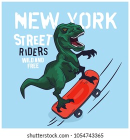 Skater dinosaur vector print. Funny t-shirt print for kids.