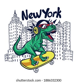 Skater dinosaur.New York skyline drawing. Dinosaur,skateboard vector print. Fun t-shirt design for kids.Cute Dinosaur character design.