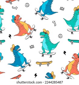 Skater Dinosaurs Seamless Pattern. Cartoon Dinosaurs Kids Seamless Repeat Design. Hand Drawn Skateboarding Vector Seamless Pattern