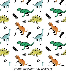 Skater dinosaurs seamless pattern. Dinosaurs, skateboard vector print.Fun t-shirt design for kids. Cute Dinosaur character design.