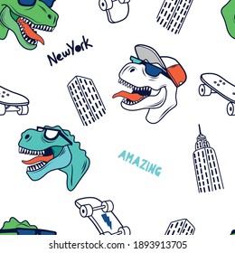 Skater dinosaurs seamless pattern.New York skyline drawing. Dinosaur,skateboard vector print. Fun t-shirt design for kids.Cute Dinosaur character design.