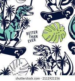 Skater dinosaurs seamless pattern.Dinosaur, skateboard and tropical leaf print. Fun t-shirt design for kids.Cute Dinosaur character design.