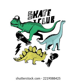 Skater dinosaurs. Dinosaurs, skateboard vector print.Fun t-shirt design for kids. Cute Dinosaur character design.