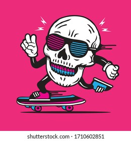 Skater Disco Skull 3d Glasses Skateboarding Character Design