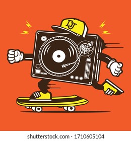 Skater DJ Disc Jockey Turntable Machine Skateboarding Character Design